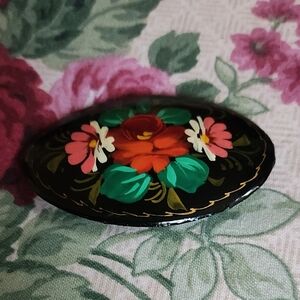 Floral Black Enamel Brooch